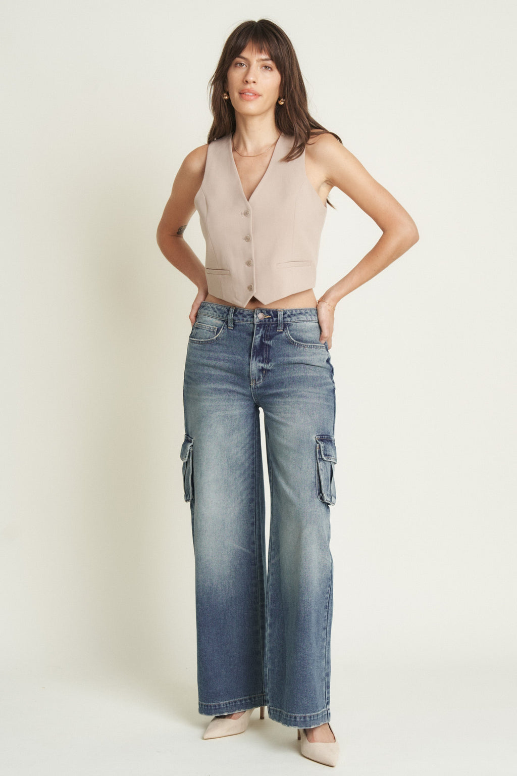 Madison Cargo Mid Rise Wide Leg Aged Indigo