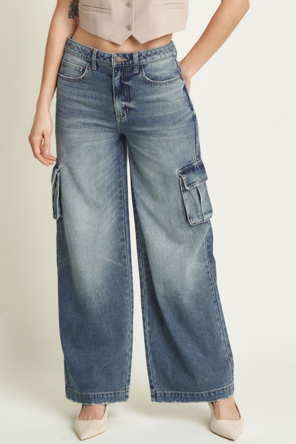 Madison Cargo Mid Rise Wide Leg Aged Indigo