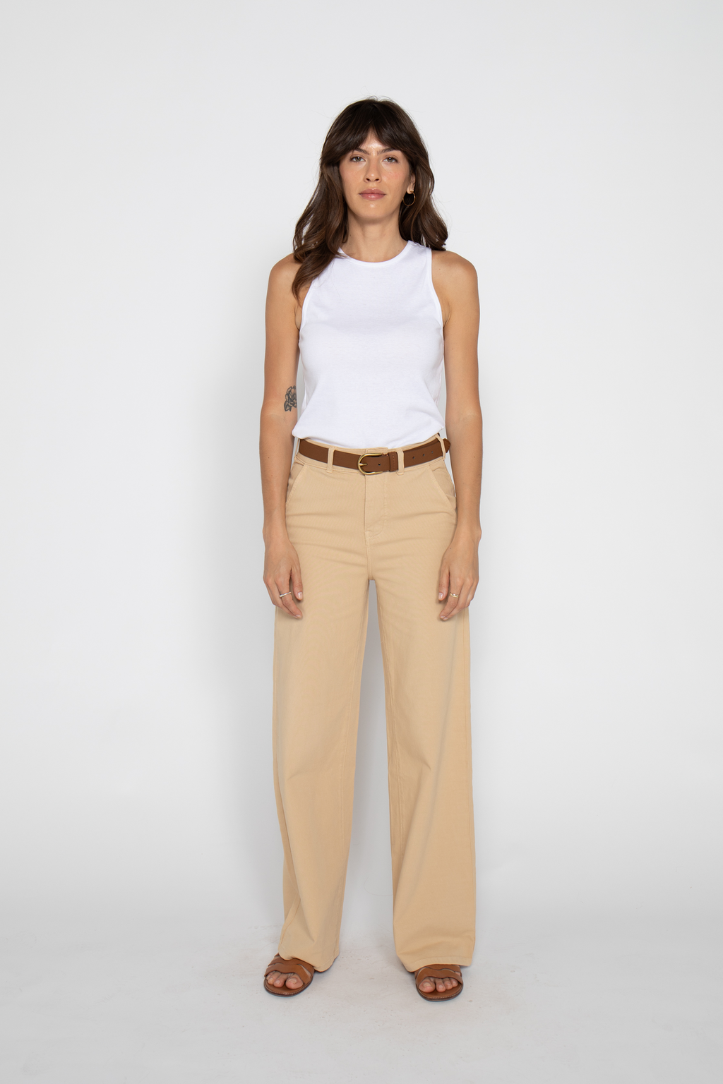 Flora Stretch Trouser Wide Leg High Rise Almond Buff
