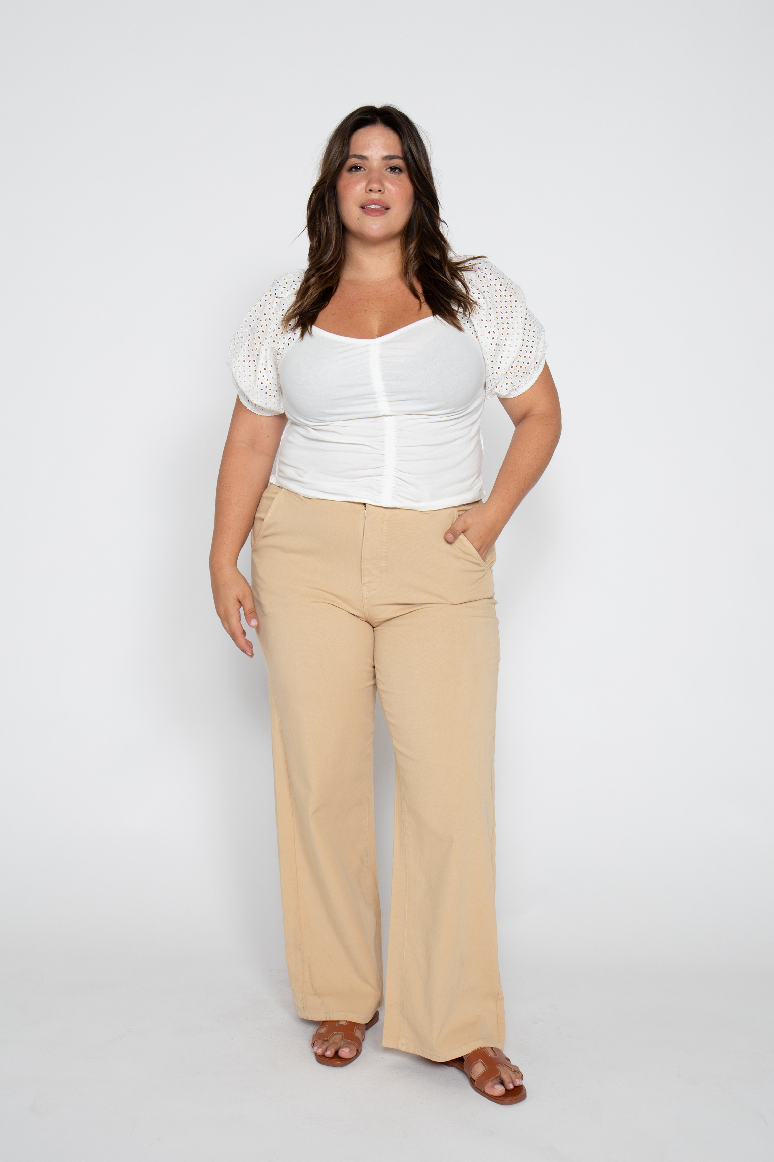 Flora Stretch Trouser Wide Leg High Rise Almond Buff