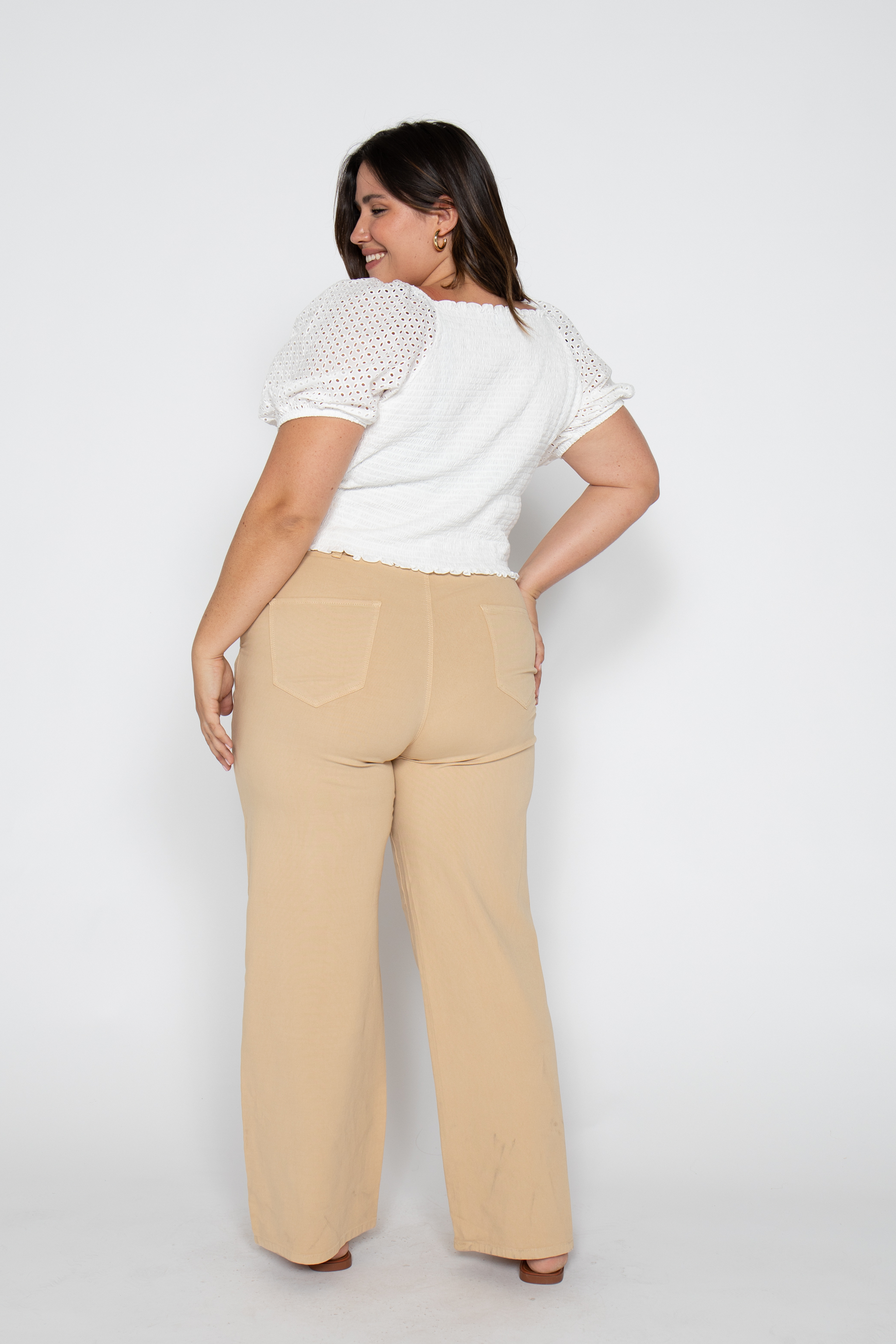 Flora Stretch Trouser Wide Leg High Rise Almond Buff