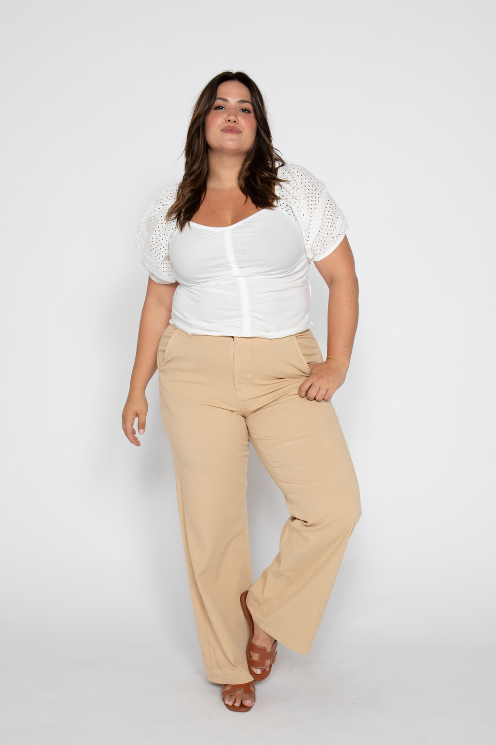 Flora Stretch Trouser Wide Leg High Rise Almond Buff