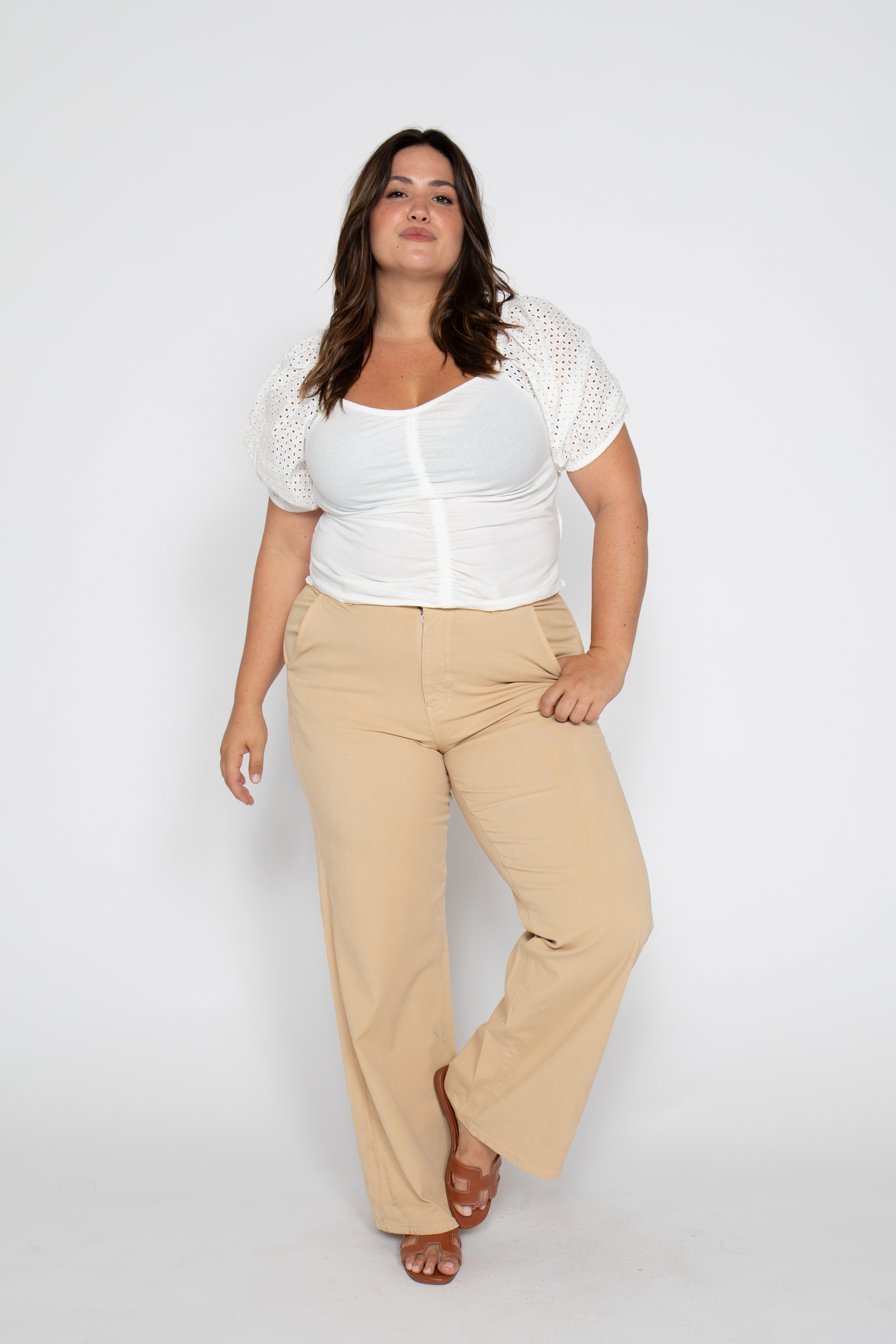 Flora Stretch Trouser Wide Leg High Rise Almond Buff