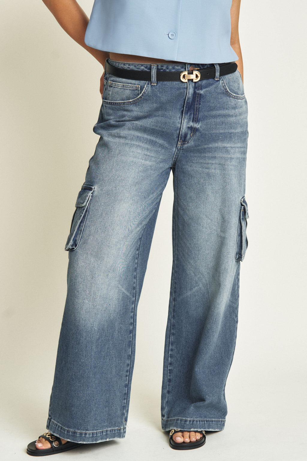 Madison Cargo Mid Rise Wide Leg Aged Indigo