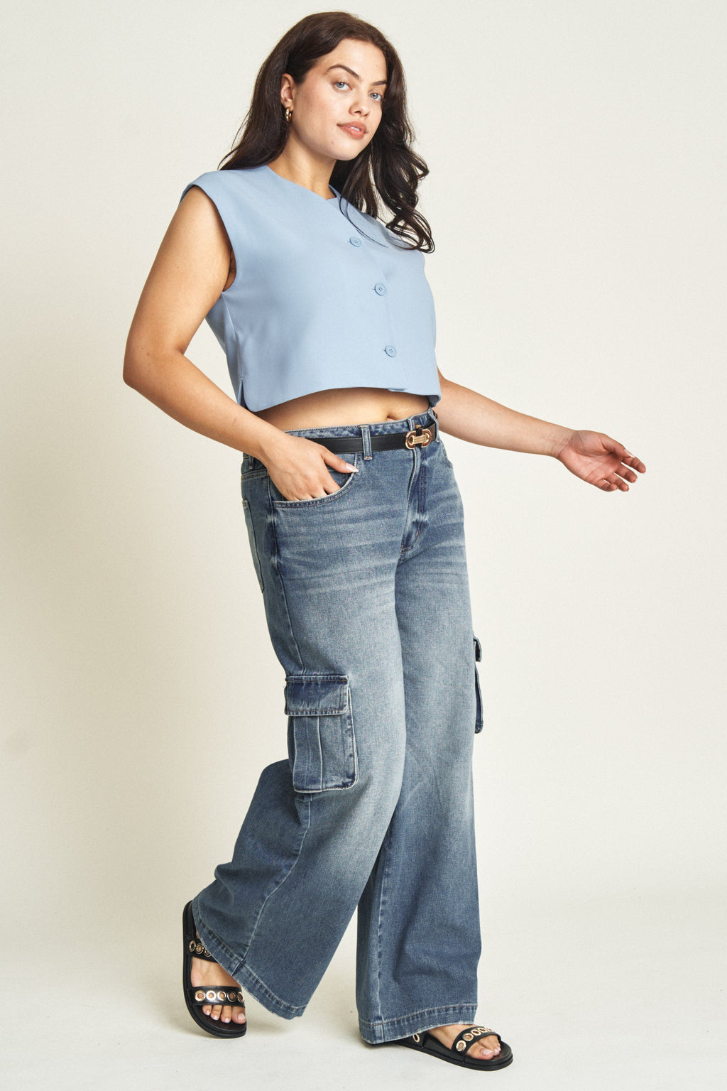 Madison Cargo Mid Rise Wide Leg Aged Indigo