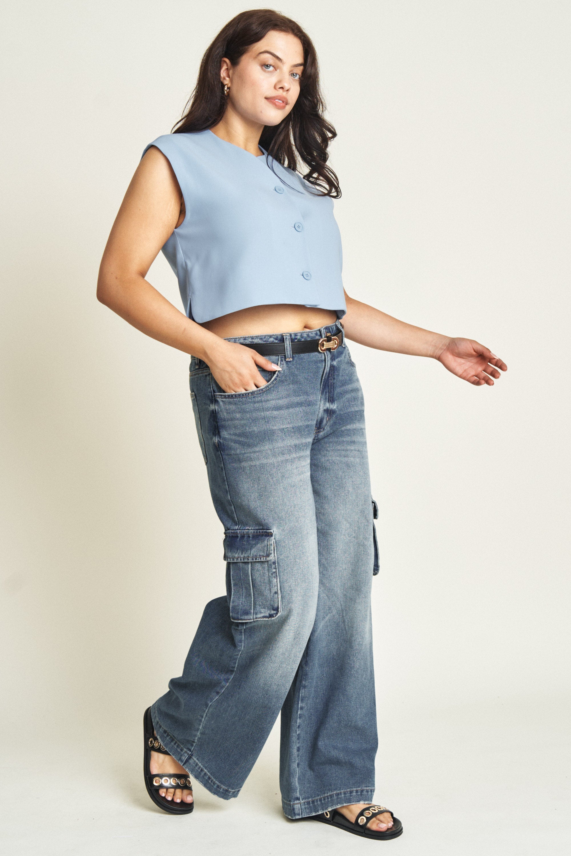 Madison Cargo Mid Rise Wide Leg Aged Indigo