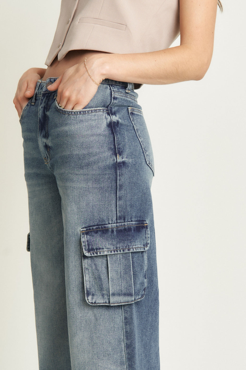 Madison Cargo Mid Rise Wide Leg Aged Indigo